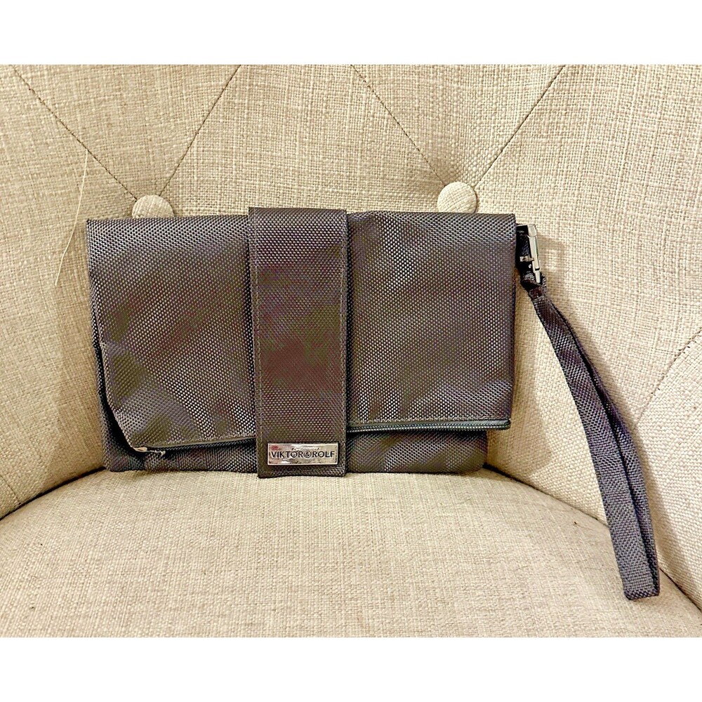 Viktor & Rolf Black Nylon Fold-Over Wristlet Clutch Silver Logo vtg y2k